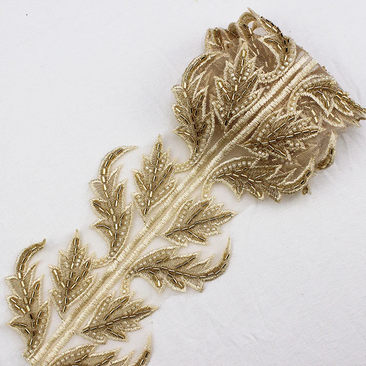 Wholesale Luxury Metallic Gold And Silver 3d Sequins Beaded Lace Trim For Garment Wedding Bridal Lace Fabric