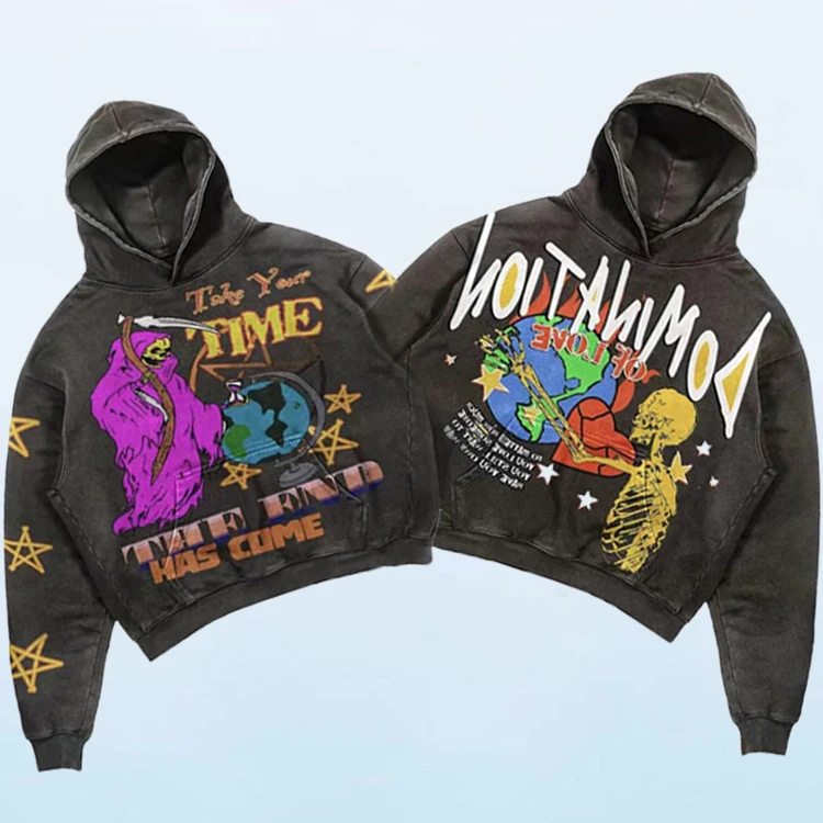 huili wholesale 400gsm 100% cotton Y2K vintage hoodie men Halloween skull print hoodies custom logo stone wash hoodie