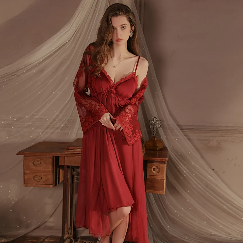 Meriga Fashion Ladies Home Clothing Suit XXL Size a Version Long Nightgown With Lace Stitching Deep V Temptation Mesh Robe 4386