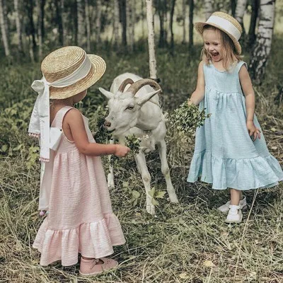 
Everweekend Sweet Kids Girls Ruffles Fashion Dress With Bow Ribbon Pink Solid Color Summer Cotton Linen Western Party Dress 