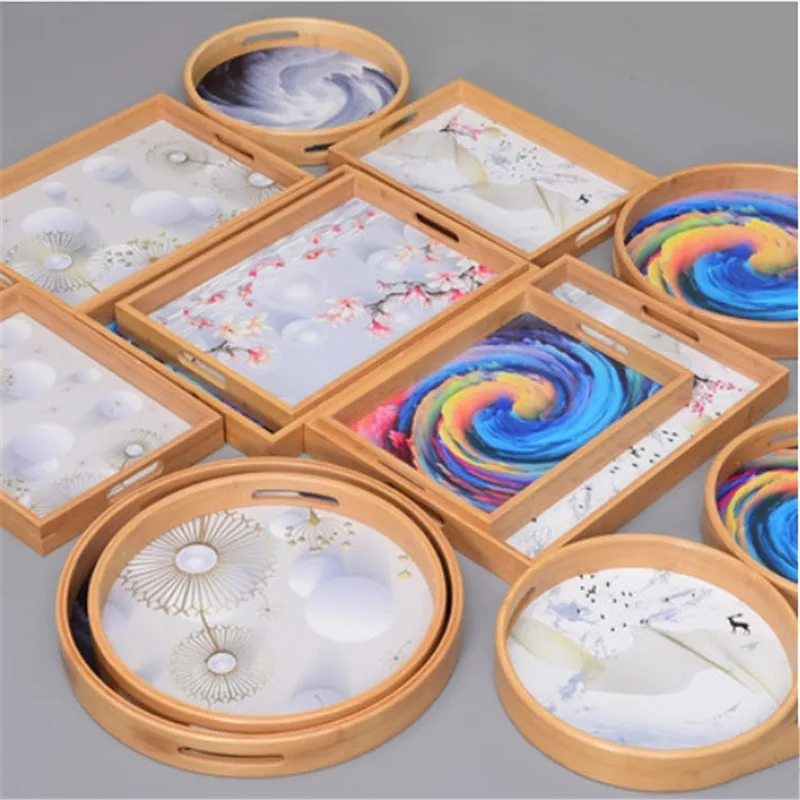 Wholesale Nordic Bamboo Tray Rectangular Tea Tray with Hand Painted Color Plates wooden serving tray