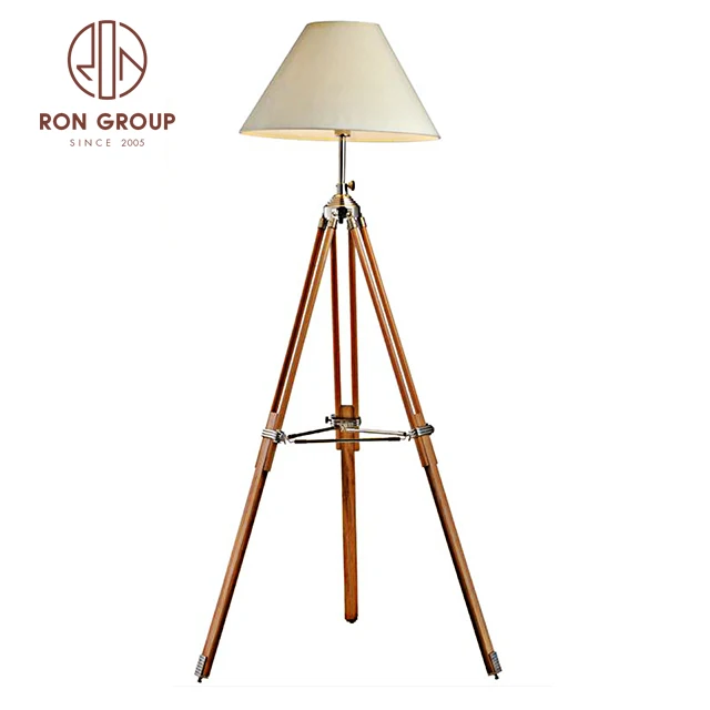 Modern Wedding Hotel Standing Lighting Waterproof Floor Led Large Lights Fabric Shade Height Adjustable Wooden Tripod Floor Lamp