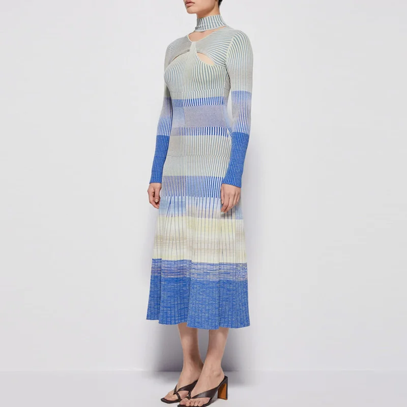 2022 Winter Custom LOGO Sexy High Collar Hollow Space Dyed Long Sleeves Knitted Long Dress Women Sweater