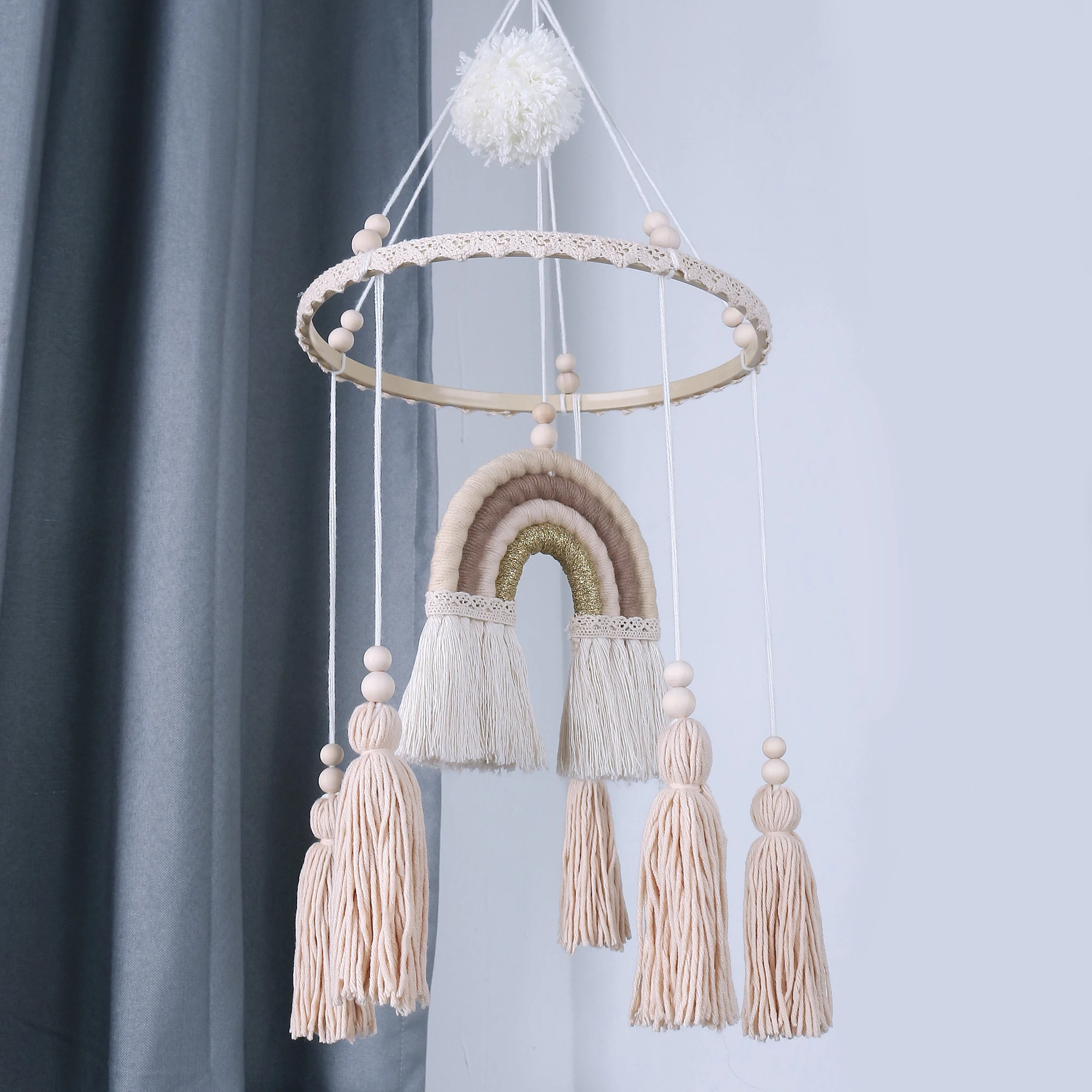 Handmade Woven Rainbow Wooden Multi Color Safe Baby Toy Ornaments Crib Pendant With Tassel For Baby Bed Decoration