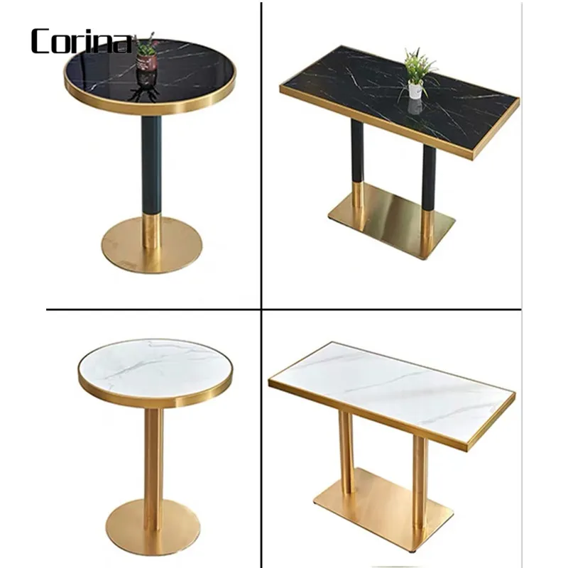 Outdoor minimalist marble top square restaurant table and chairs set stainless steel base dining table for cafe shop