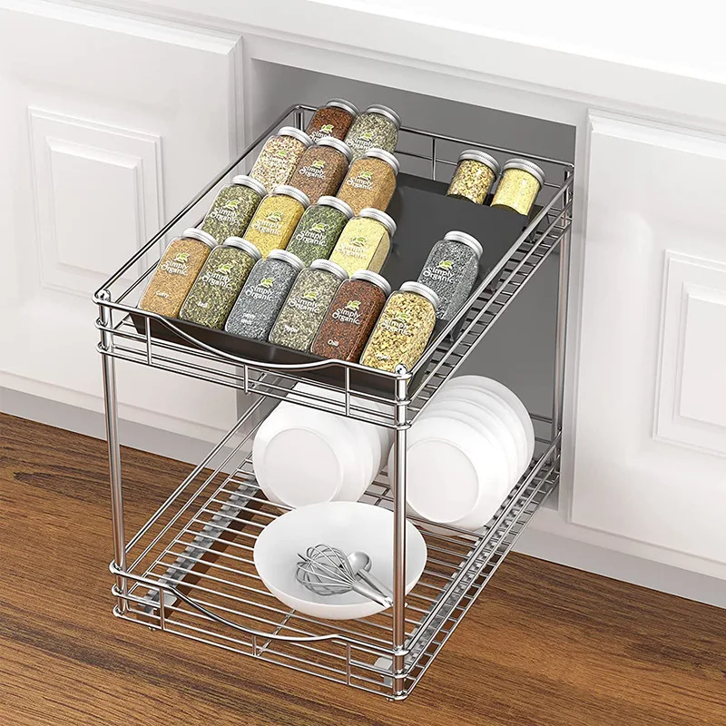 BST Kitchen adjustable 4 tier stacking black transparent acrylic vertical slide out spice rack drawer organizer