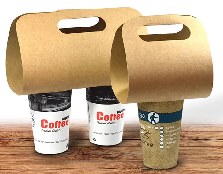 Custom Disposable 2-Cup Coffee Carrier Portable Kraft Paper Cup Holder with Handle for Tea & Beer Takeaway for Carryout