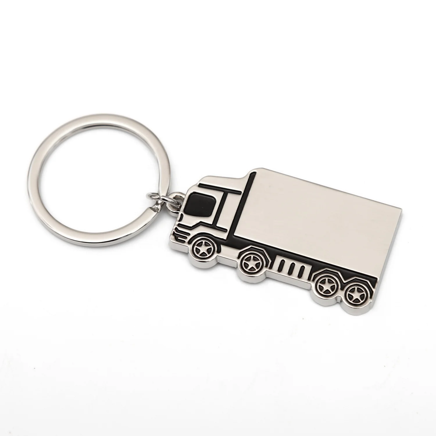 hot selling shiny silver plated 3d laser logo bag keyrings zinc alloy fashion truck shape coffee keychain