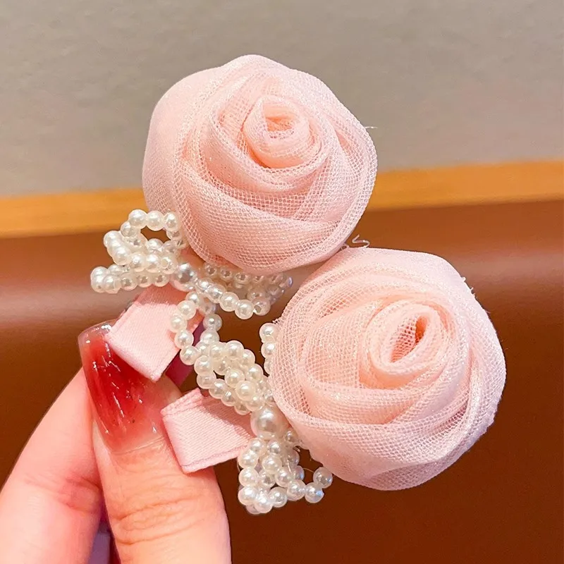 Korean Princess style Baby sweet side flower broken hair pair with girl pearl bow pink mesh rose hair clip