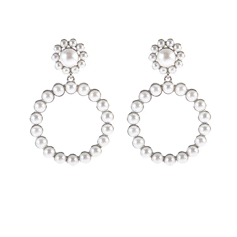 Low MOQ Women Round Pendant Drop Earrings Statement Circle Pearl Earring