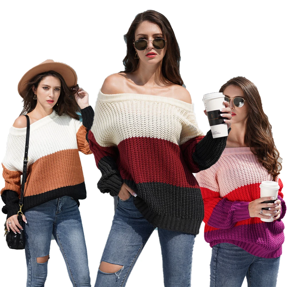 
2019 Amazon New Patchwork Sweaters Autumn Winter Women Striped Pullover Sweaters Off Shoulder Sexy Sweaters Women 
