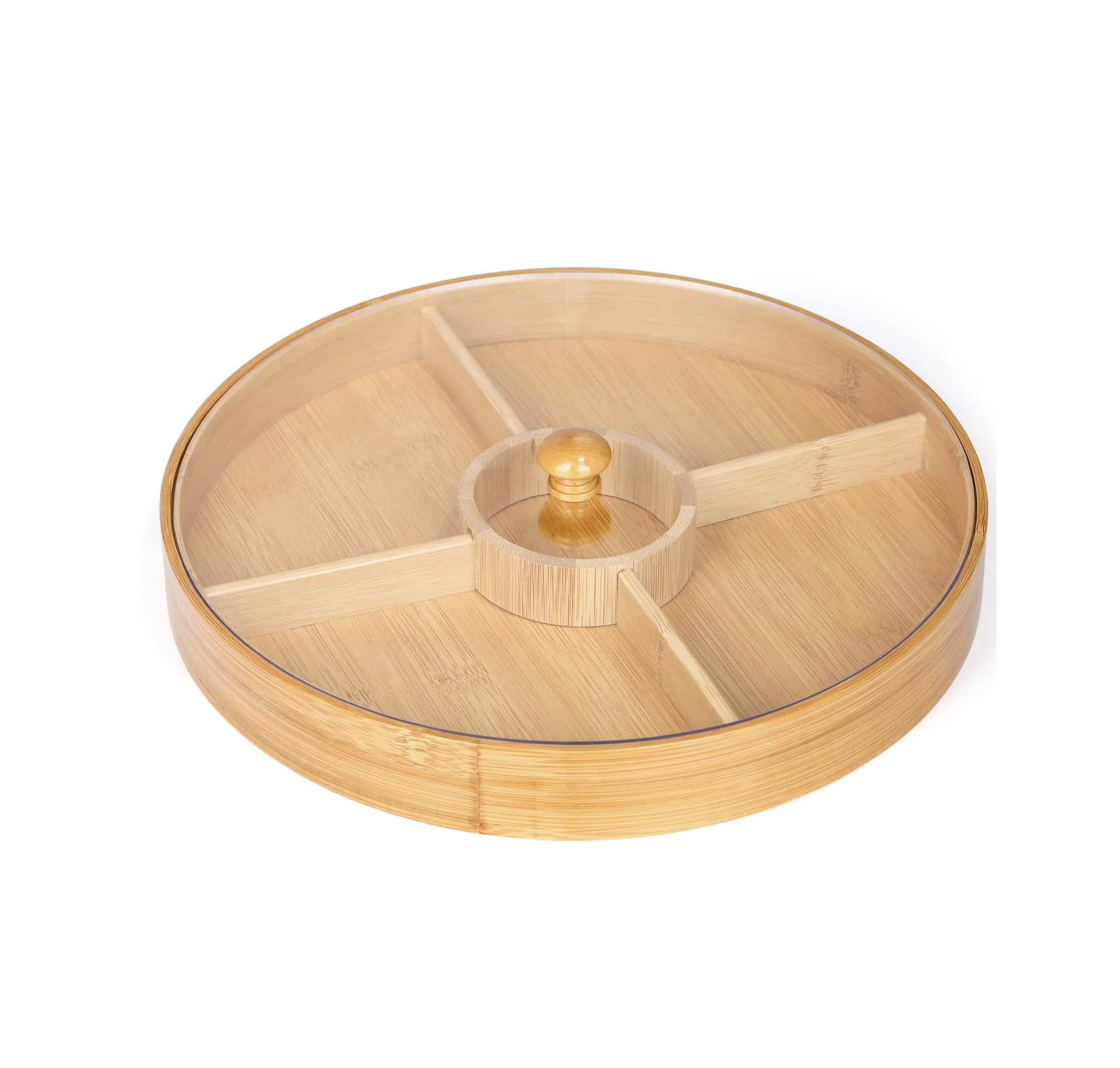 
Wholesale Bamboo Nuts Storage Platter Food Round Serving Tray Dessert Fruit Food Serve Plate with 4 Dining Grids 