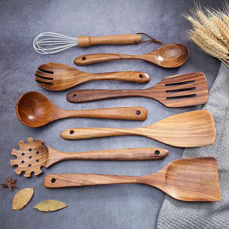 Acacia wood spatula 9pcs utensil set cooking non-stick pot wooden spoon household kitchen supplies