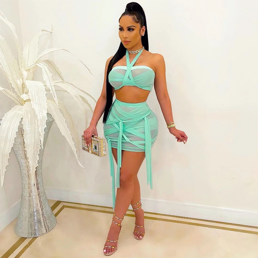 Nibber K21S01178 2021 Sexy Summer Backless Crop Top+Skirts Party Clubwear Matching Outfits Mesh Two Piece Set Women