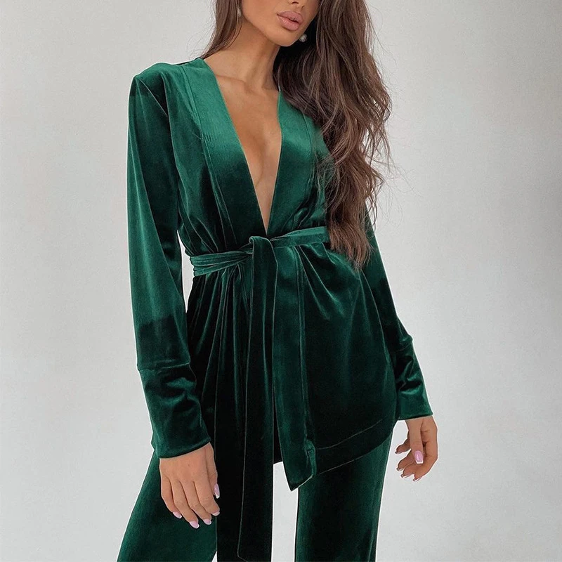 TWOTWINSTYLE Fashionable Solid Color Long Sleeve Belt Gather Waist 2 Piece Sets For Women