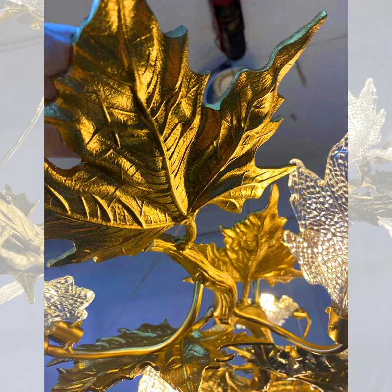 Decorative lighting fixture modern design hand blown glass art nouveau creative dragon metal leaf gold and crystal chandelier