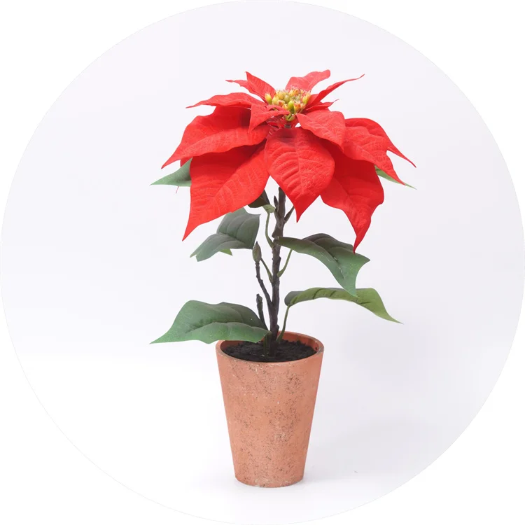 Decorative White Red Christmas Flower Artificial Poinsettia Flower Plant With Foil Paper In Pot