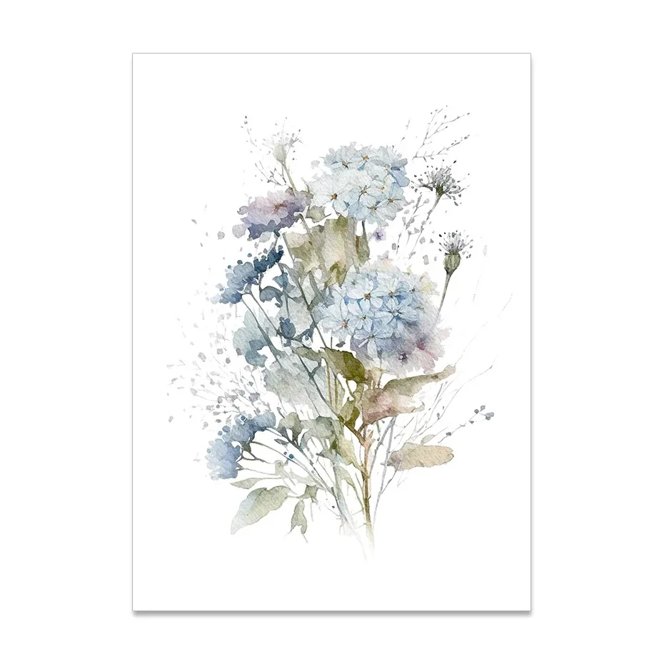 Modern style Home Decoration Watercolor Blue Mix Flowers Leaves Botanical Posters Picture Canvas Print Painting Art with Frame