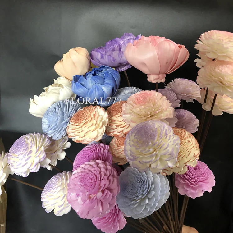 Various Size Dried Flowers Fragrance Handmade Chrysanthemum Peony Daisy Sola Wood Flowers