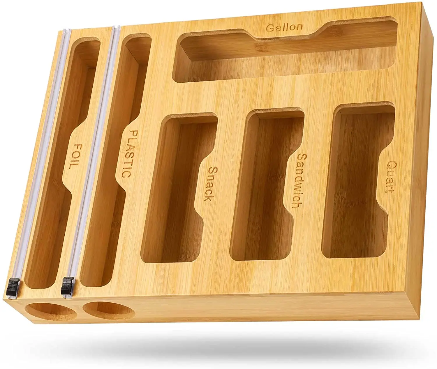 Customizable Kitchen 6 In1  Wooden Drawer With Plastic Foil Wrap Dispenser Holder Bamboo Ziplock Bag Organizer