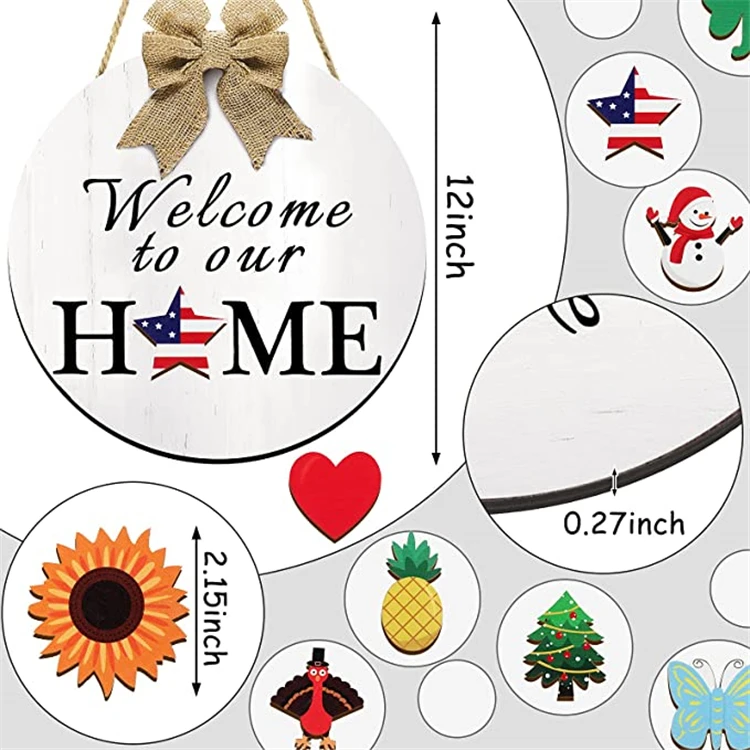 Interchangeable Seasonal Welcome Sign Front Door Decor Rustic Wood Welcome to Our Home Sign Wall Hanging Decoration