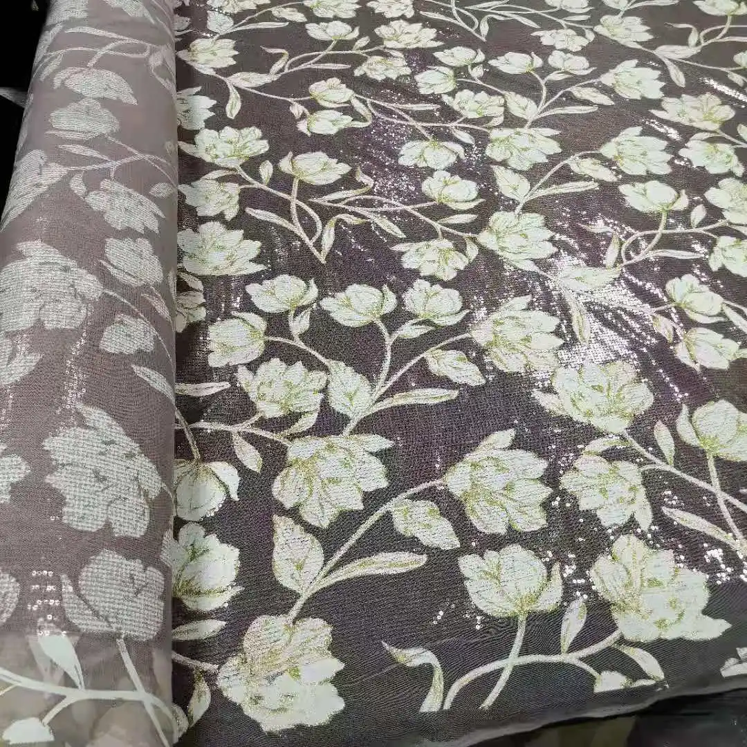 D-457 Floral flower pigment print French tulle lace mesh embroidered 3MM SEQUIN EMBROIDERY FABRIC For Decoration