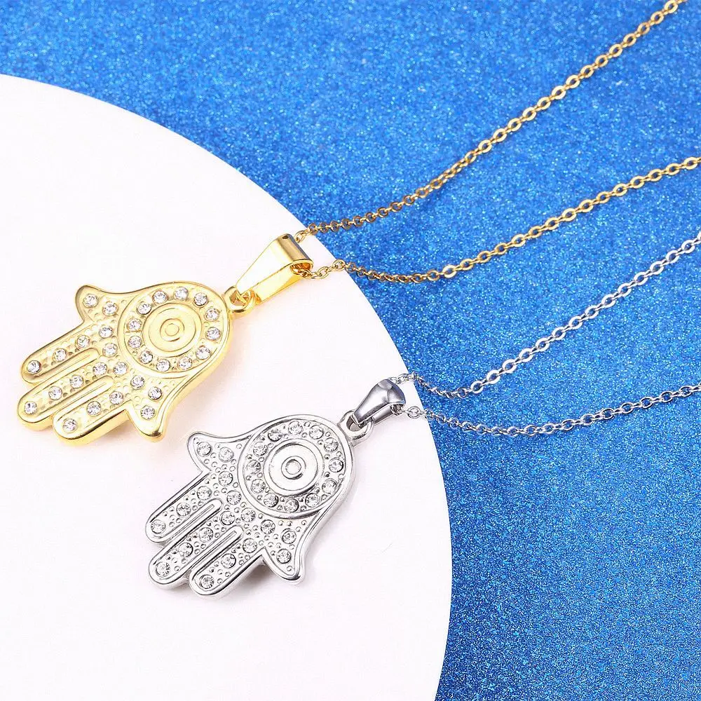  Fatima Palm Diamond Pendant Unisex Stainless Steel Necklace Titanium Jewelry 18K