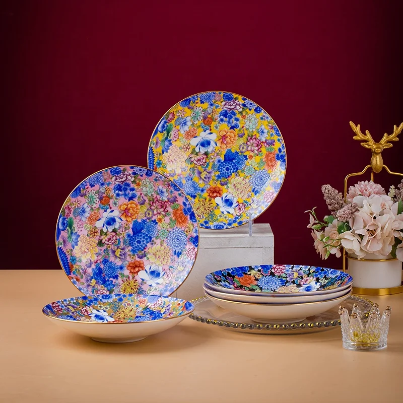 Wan Hua High-End Bone China Merchants Dining Plate Sustainable Feature Chinese Art Plate Hotels Home Use Enamel Color Steak