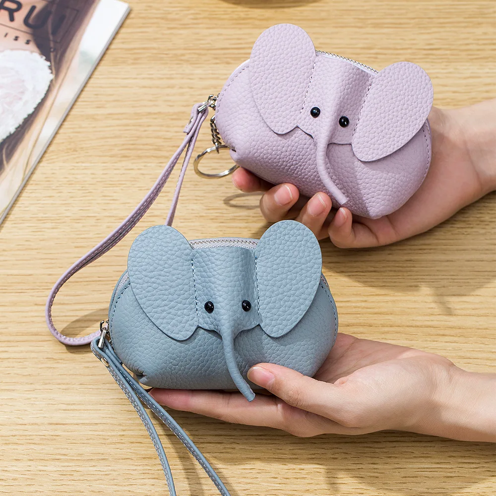 Cute Three-Dimensional Elephant Coin Wallet Coin Purse Key Chain First-Layer Cowhide Card Holder Storage Bag Elephant Purse