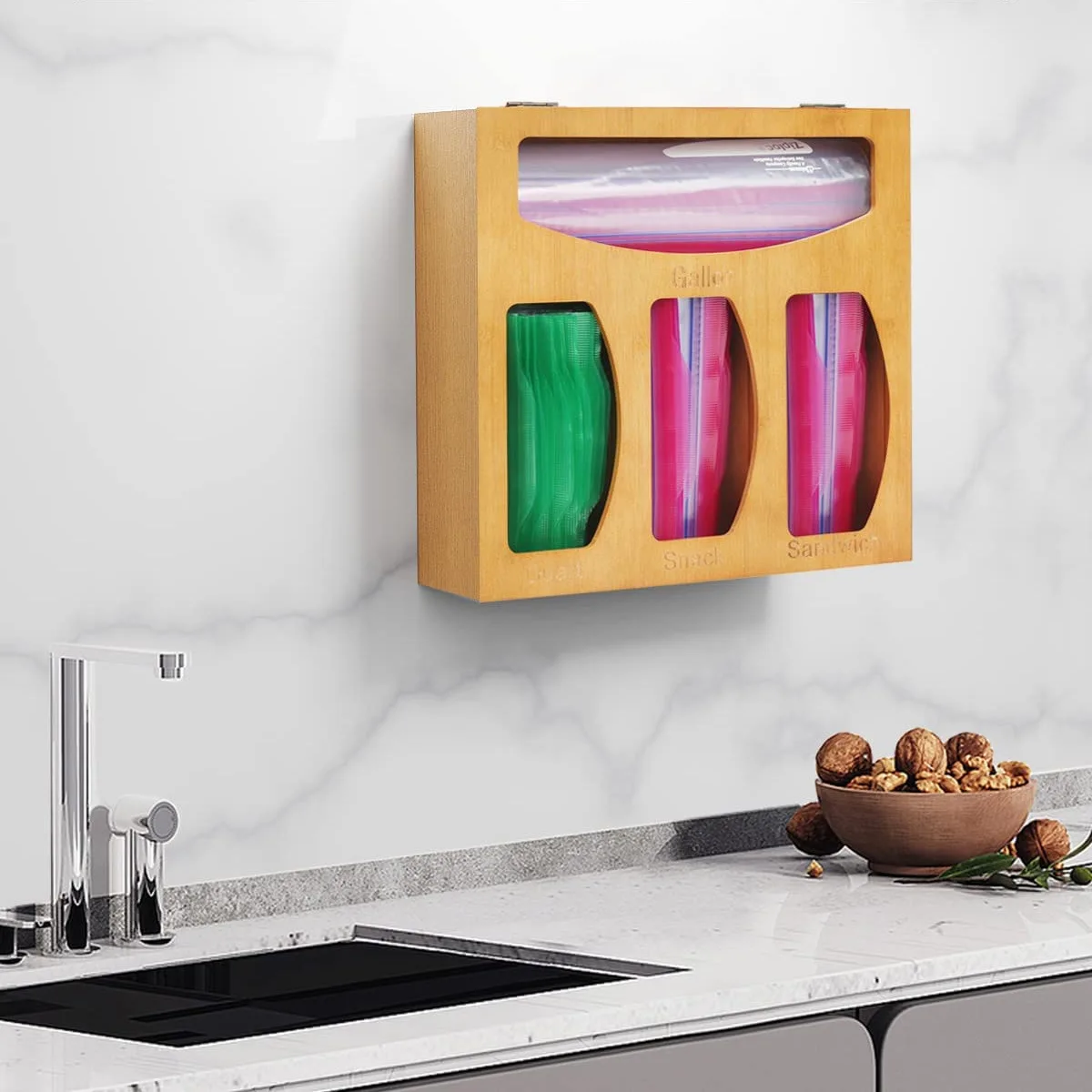 Bamboo and wood preservation bag storage box kitchen drawer organizer storage box wooden multi-grid ziplock bag garbage bag stor