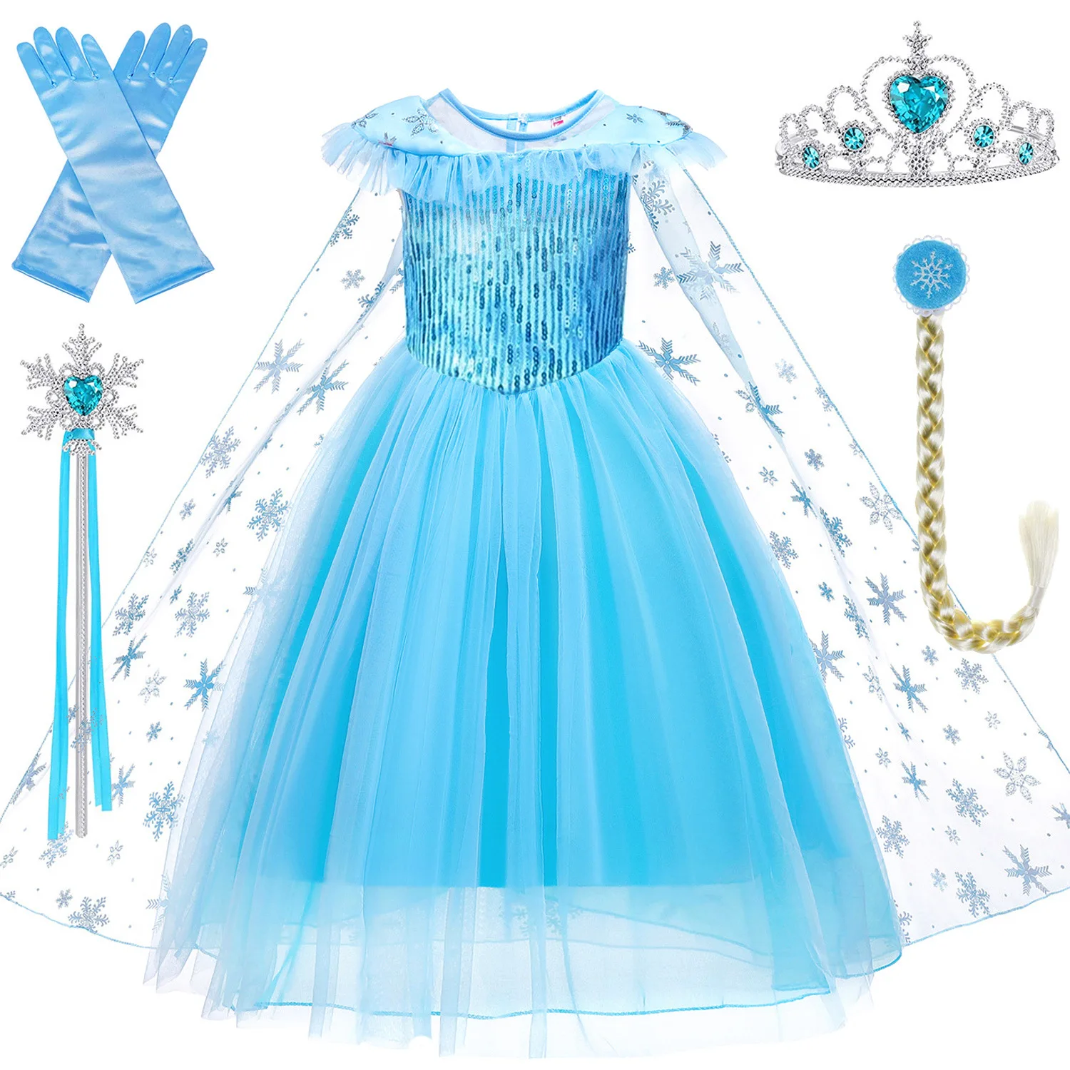 Girls Blue Birthday Party Dress up Outfits Gauze Halloween Carnival Ice Elsa Princess Dress Anime Costume