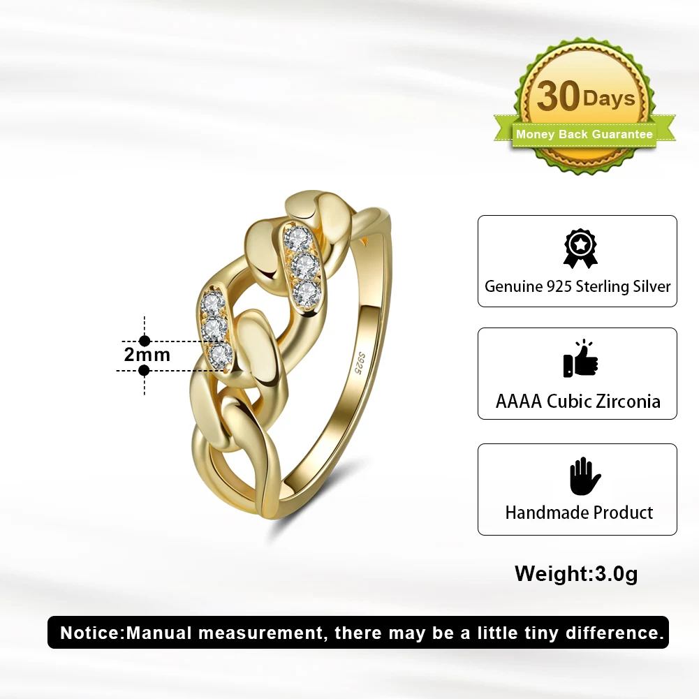 RINNTIN SR271 Gold Jewelry 925 Sterling Silver Rings Joyas De Plata 14K Gold Plated CZ Zircon Diamond Cuban Link Ring For Women