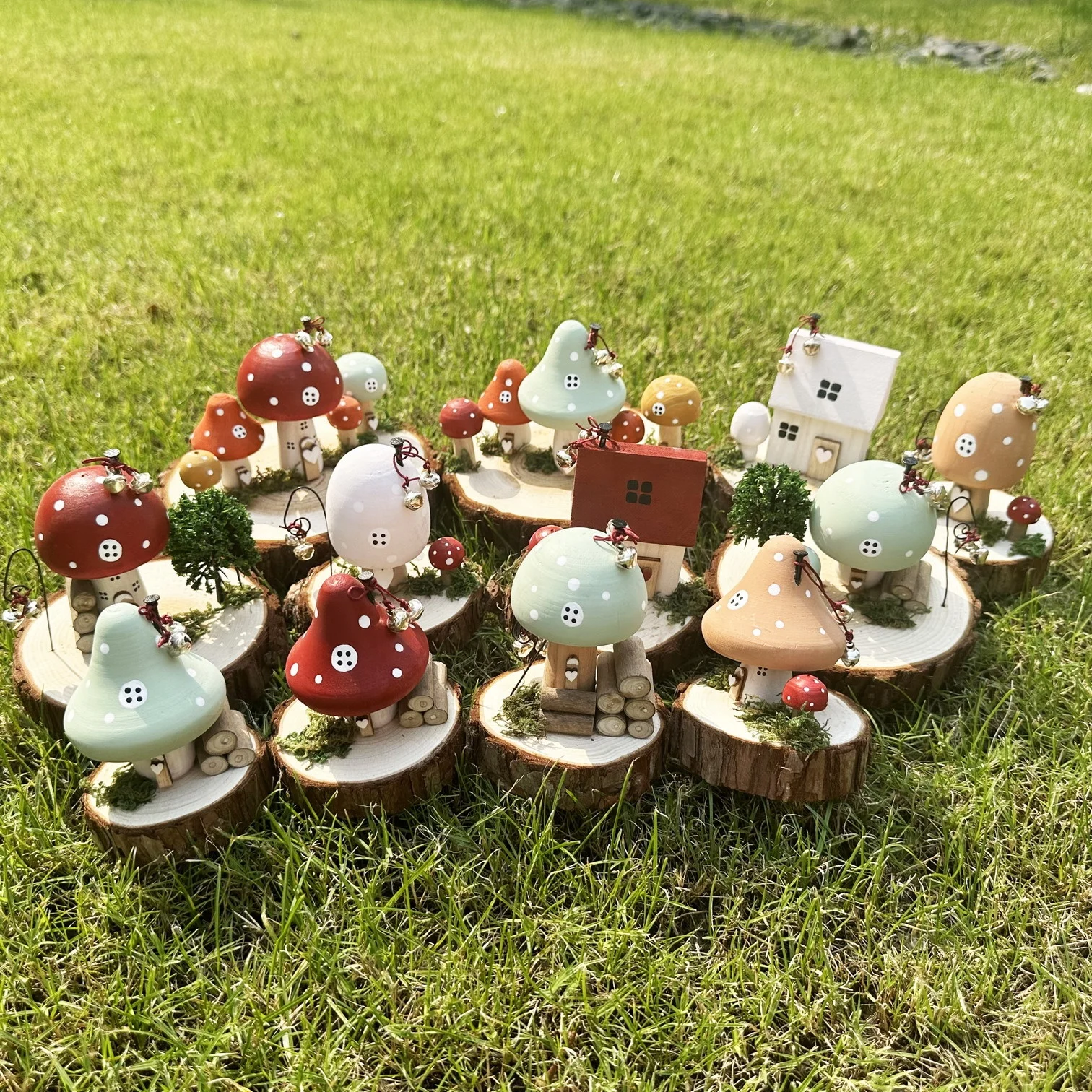Decorative Mini Mushroom House Shape With Lichen And Bell Wood Craft Small Cottage Wooden Ornaments