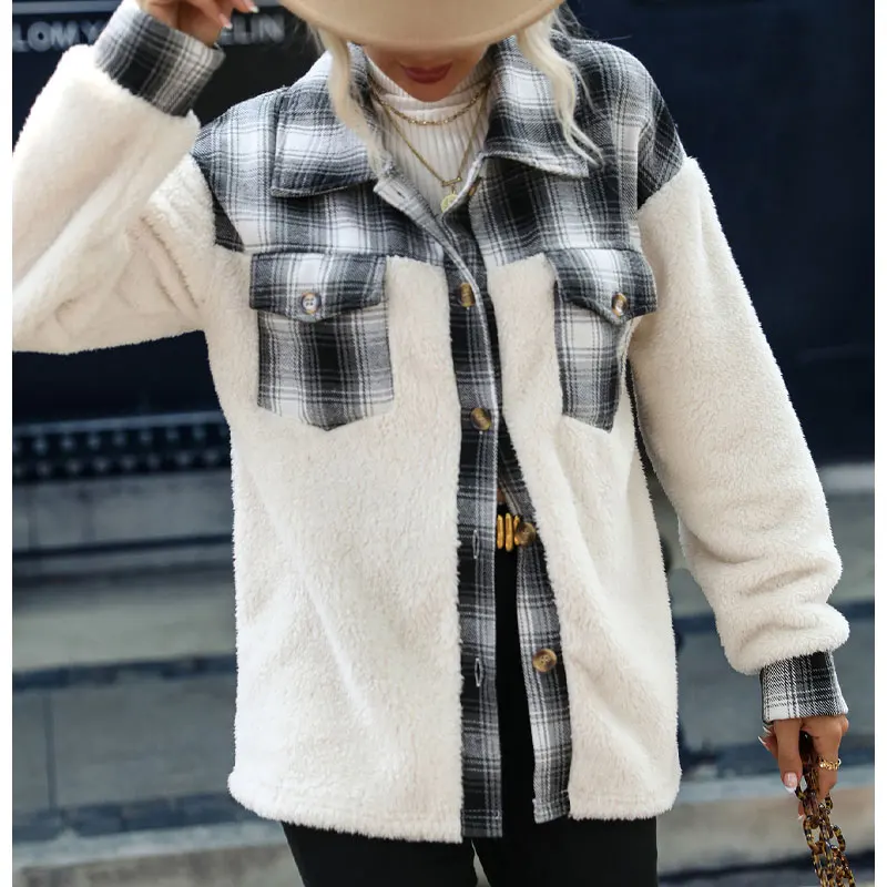 Plush Coats Plushplush Winter Plush Coats Women Single Button Lapel Plaid Faux Fur Jacket With Pocket