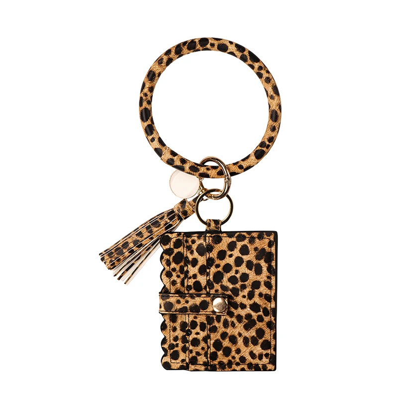 Snakeskin Bangle Key Ring Wallet Women Serape Leopard Tassel Wristlet Bracelet Keychain ID Card Holder