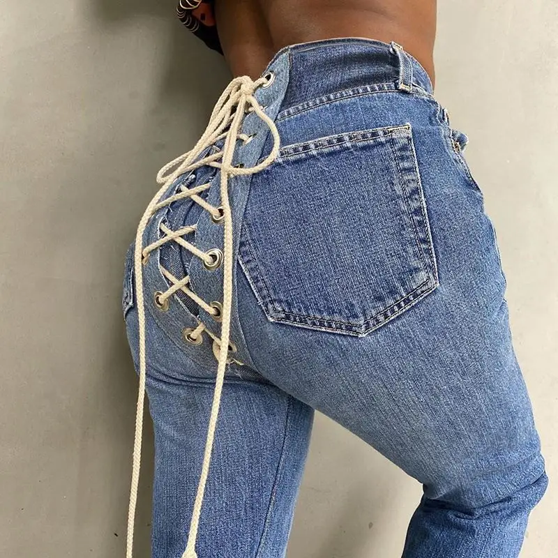 New Autumn Winter Sexy Back Lace Up High Waist Denim Female Straight Jeans for Women Bell Bottom Fat Mom Jeans Wide Leg