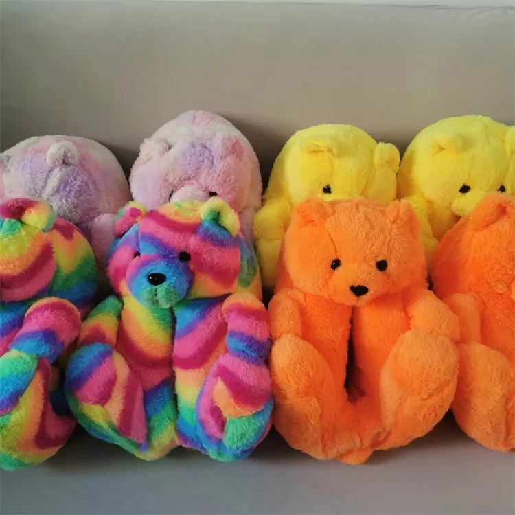 Non-Slip Indoor Animal Teddy Bear Slippers Black Pink Red White Women Slides  Cute Furry Teddy Bear Slippers Plush