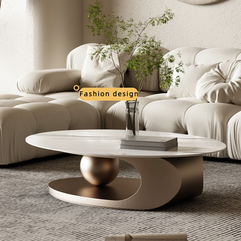 Modern Simple Designer Light Luxury Stainless Steel Oval Rock Board Coffee Table
