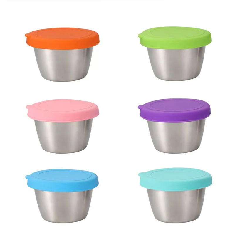 Leakproof Reusable 70ml 304 Stainless Steel Food Grade Sauce Cup with Silicone Lid Korean Seasoning Dipping Dishes
