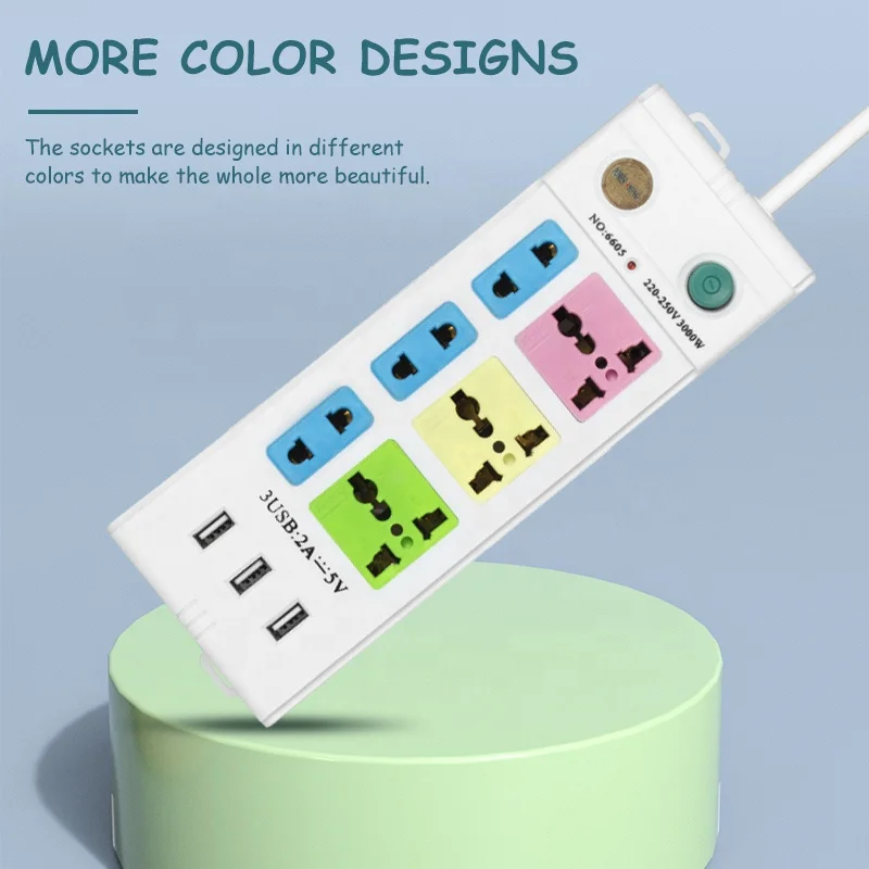 extension board with usb port Universal standard 6outlet muliple type colorful extension socket power strip