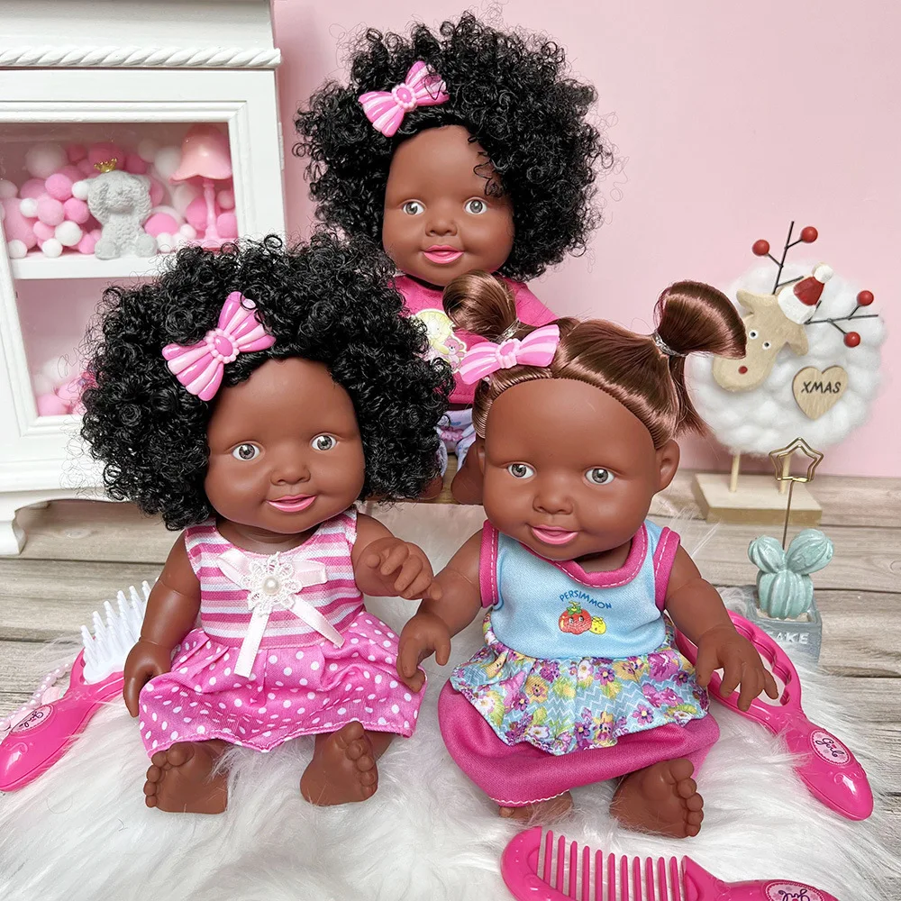 Wholesale factory 25CM vinyl silicone black baby dolls African american black girl doll with clothes