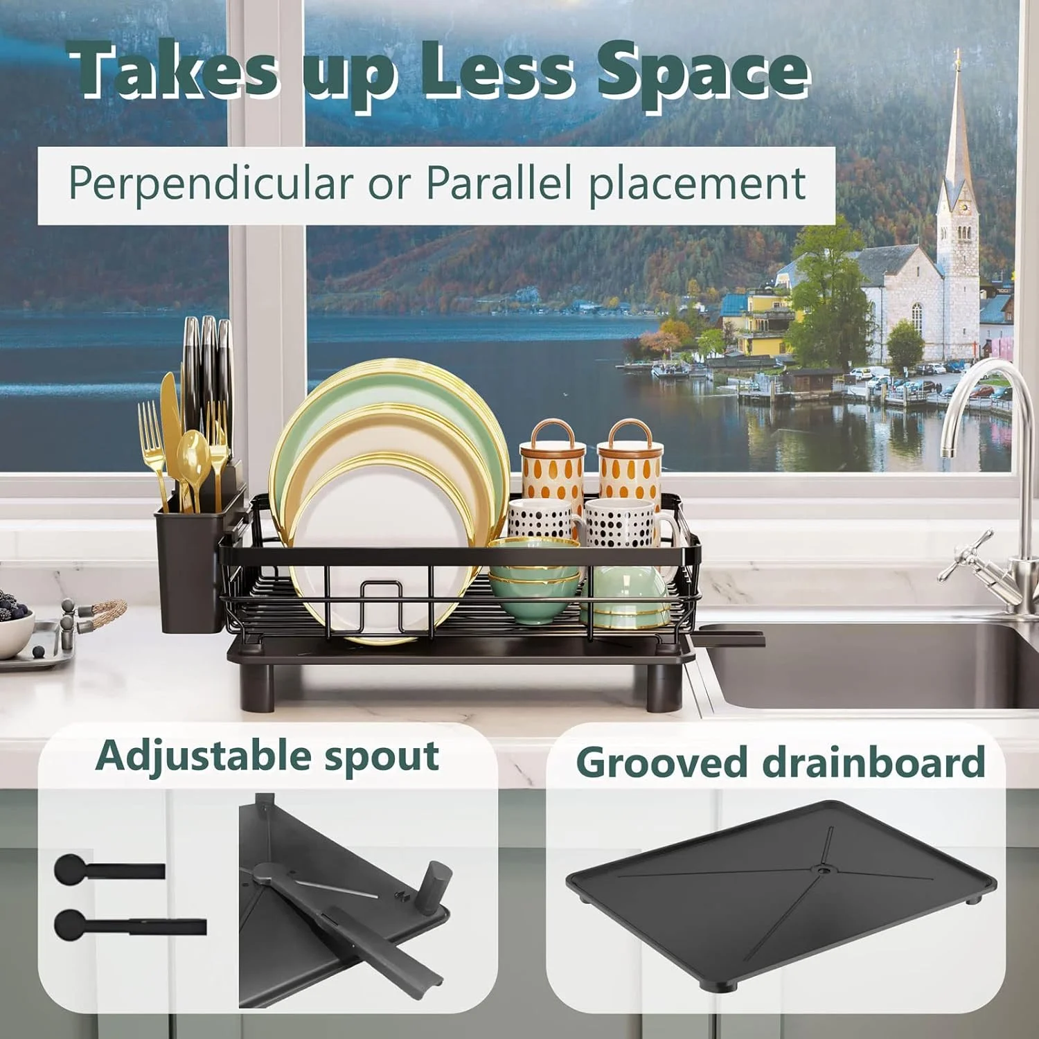 Compact and portable dish rack with cutlery storage, drain and non-slip base for small kitchens