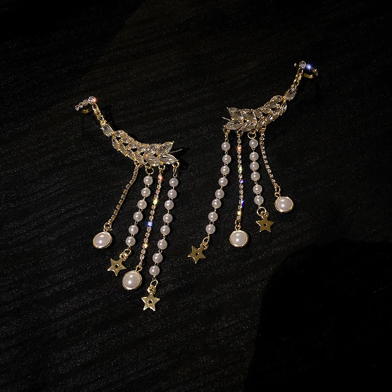 925 Silver Needle Diamond Pearl Tassel Ear Bone Clamp Retro Temperament Fashion Star Earrings