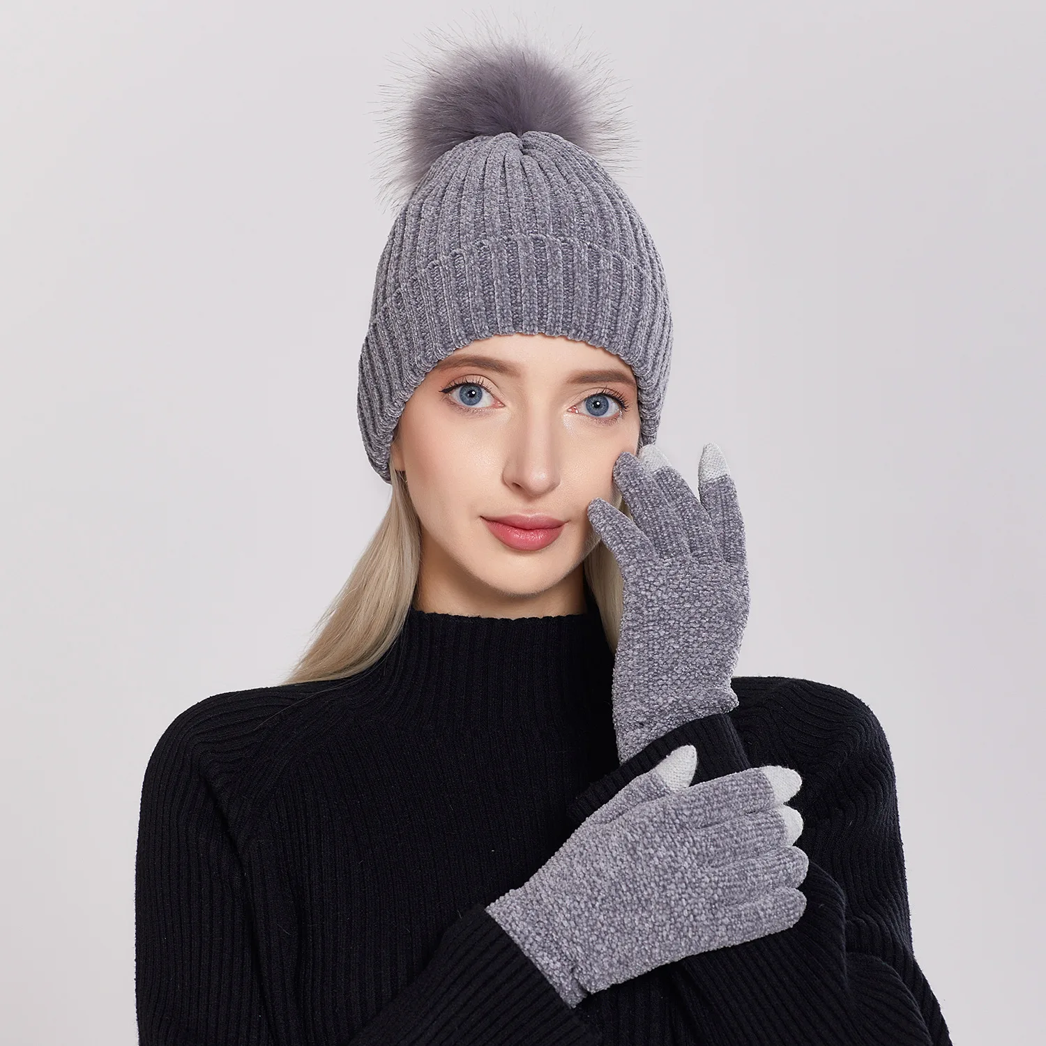 WH2032 Solid Colour Pom Knit Warm Hat Gloves in Set for Woman Wholesale