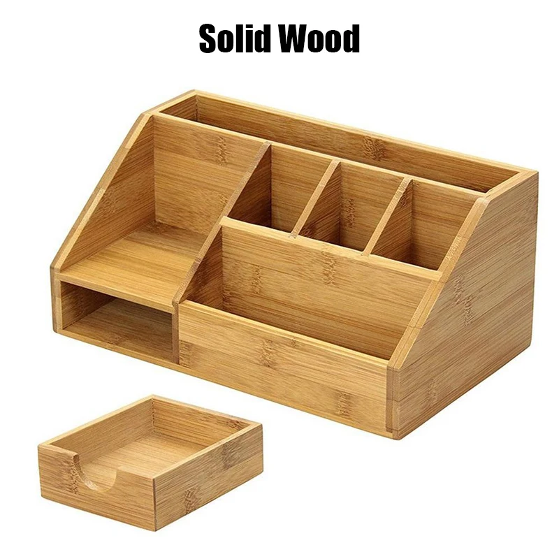 Bamboo Desktop Storage Box Natural Wooden Office Pen Holder Multifunction Stationery Splicing Pencil Cosmetic Desk Organizer