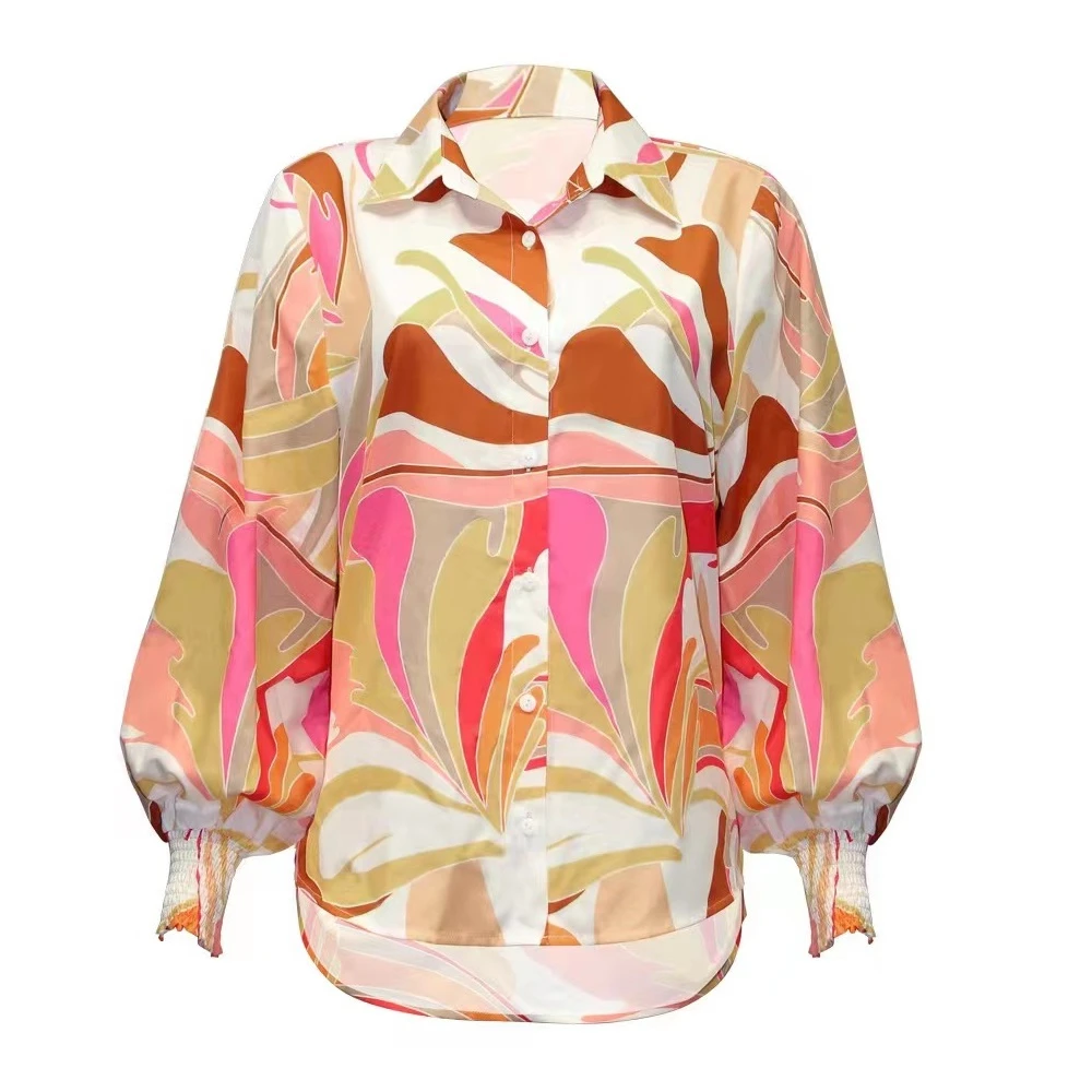 OEM Custom fall high quality New Print Polyester Lantern Sleeve Lapel Cardigan Single Breasted Swallow tail Women Casual blouse