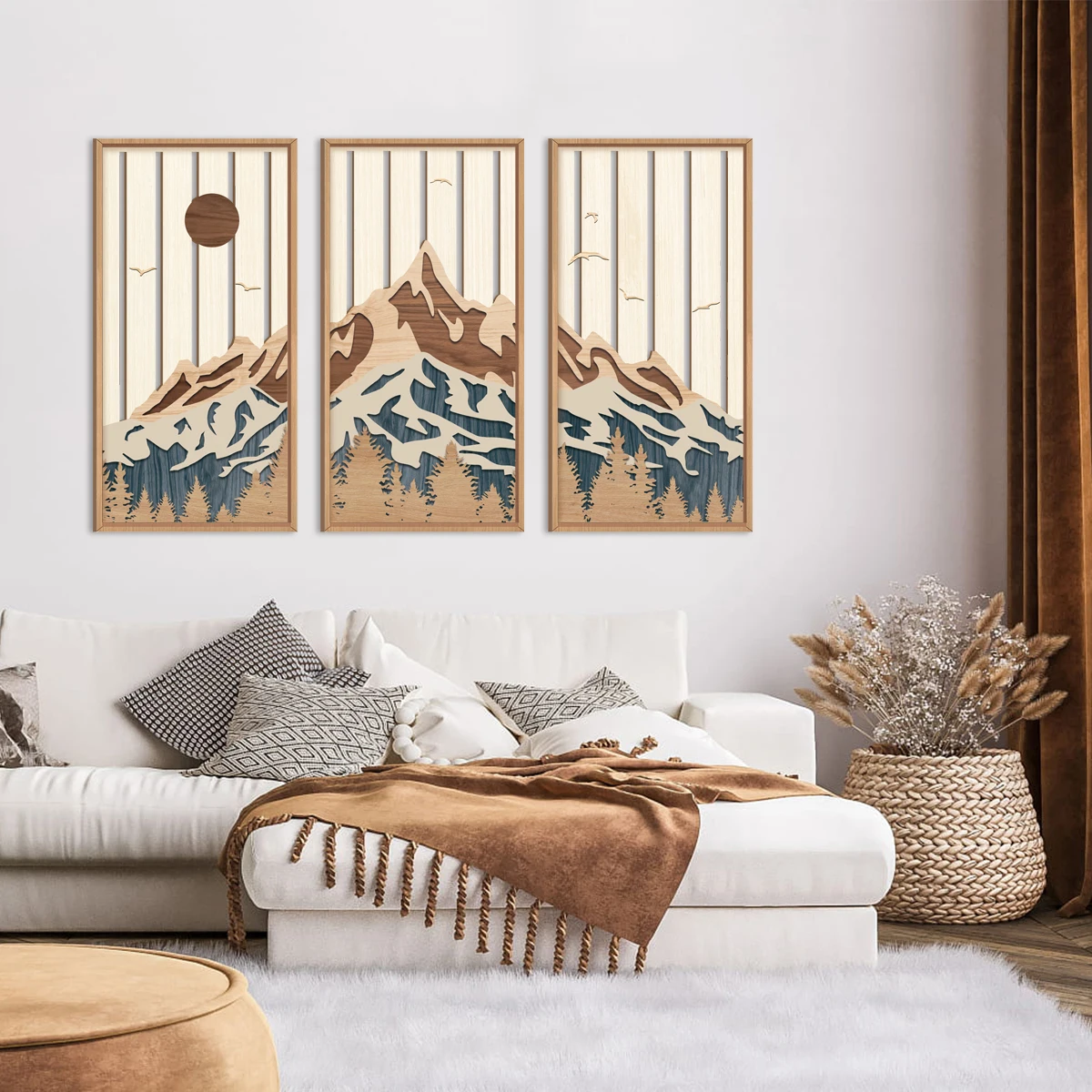 Boho Sun Wood Wall Art Geometry Line Hollow Wall Decor Mid Century Modern Decor 3 Panels Sunrise Wall Sculptures Wooden Set for