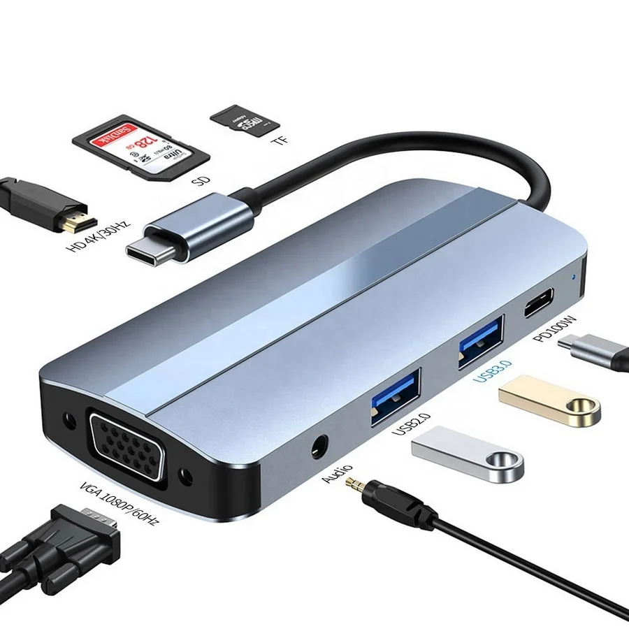 8 in 1 USB C HUB Multiport Type C To HDTV + VGA + 2*USB 3.0 + SD/TF Card + Audio Port USB-C Hub Cable Adapter