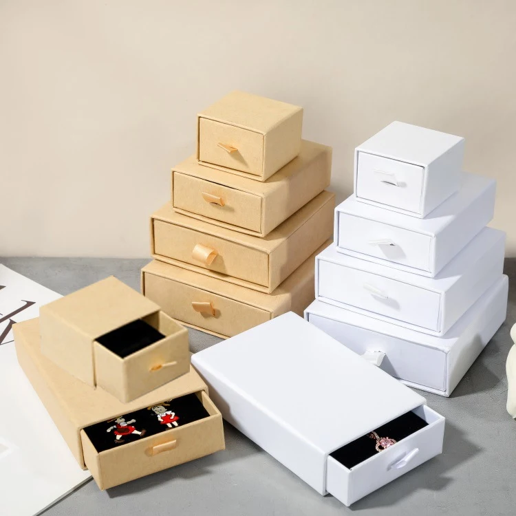 Wholesale kraft sliding drawer box with dome glass cover slide jewelry drawer paper package box with pouch