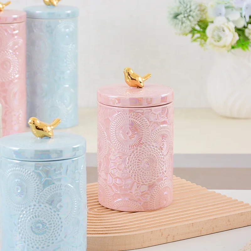 Modern Luxury Ceramic Food Storage Jar With Lid Carved Cylindrical Shape Stoneware Canister Set